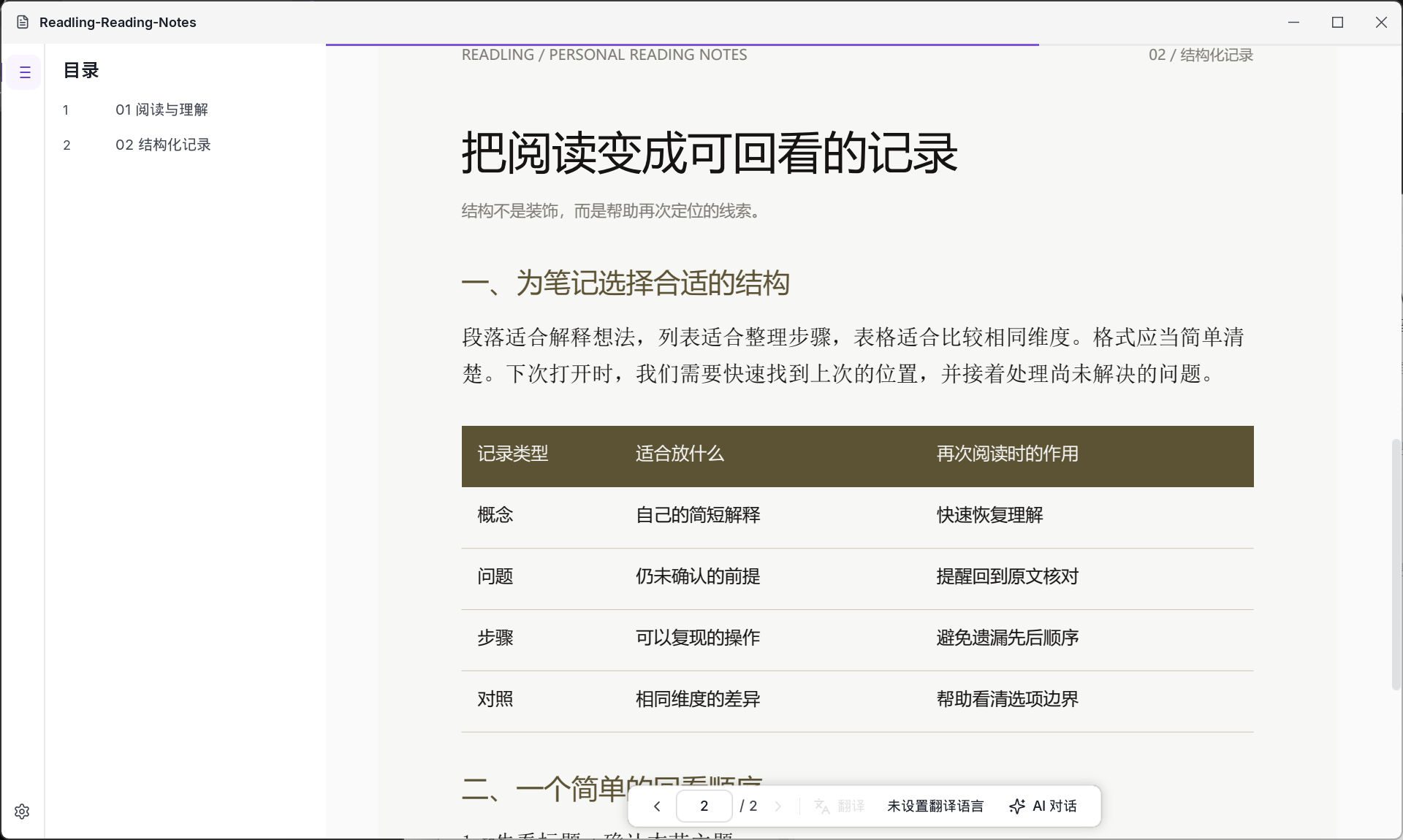 Readling 显示原创 PDF 第二页，包含标题、正文以及概念、问题、步骤、对照四行记录表格。